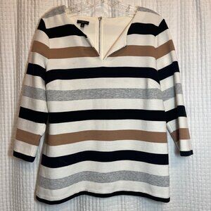 Talbots Large Petite Black, Tan & Gray Striped 3/4 Sleeve Split Neck Ribbed X19
